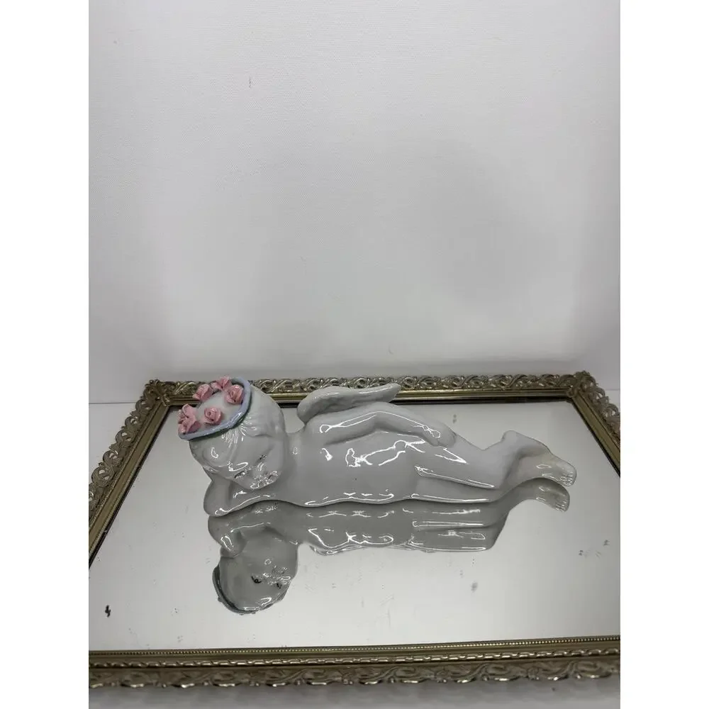 Vintage Porcelain Angel Figurine – Small White Cherub with Floral Crown, 4”